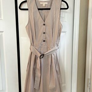 Monteau Beige and White Striped Sleeveless Belted Dress Medium